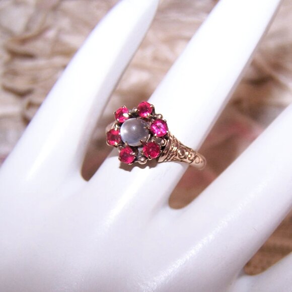 Antique Victorian 14K Gold Moonstone Pink Quartz Engagement Ring - Size 5 - Picture 2 of 12